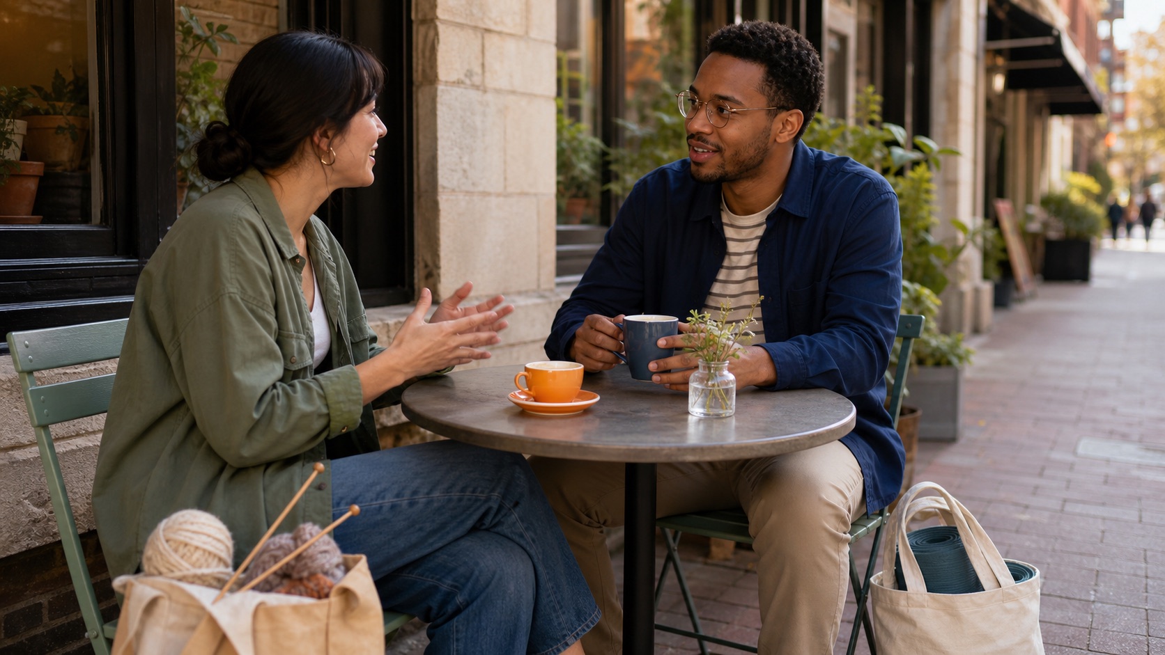 Two adult acquaintances continuing a conversation over coffee after a weekly class