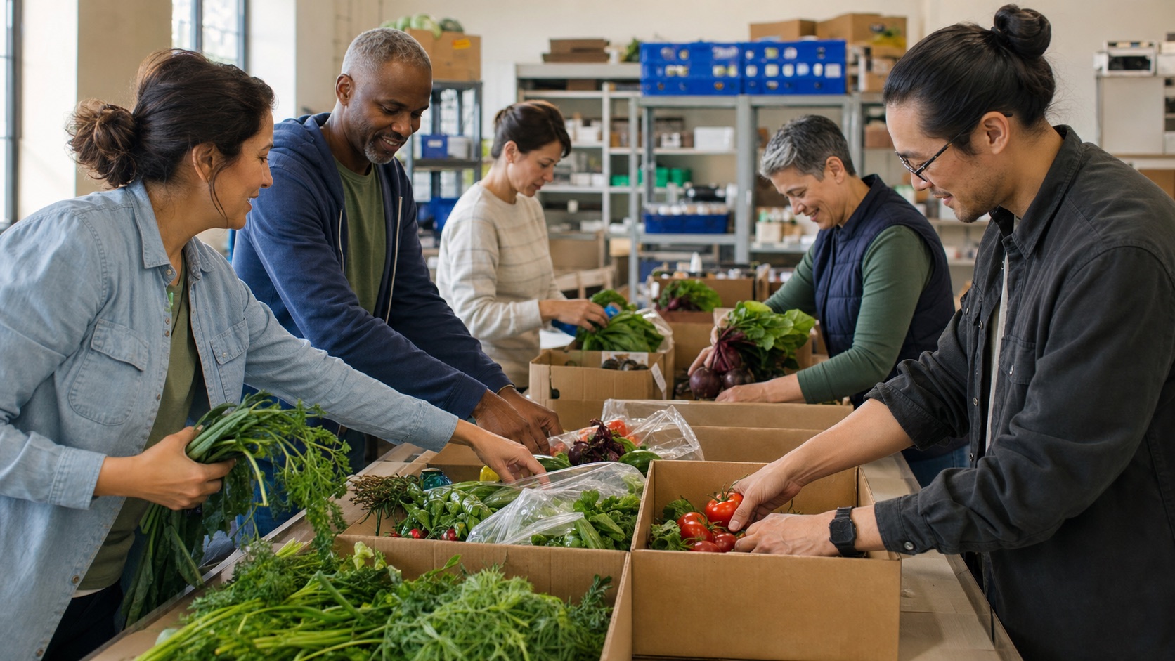 Adults talking while sorting produce during a recurring volunteer shift