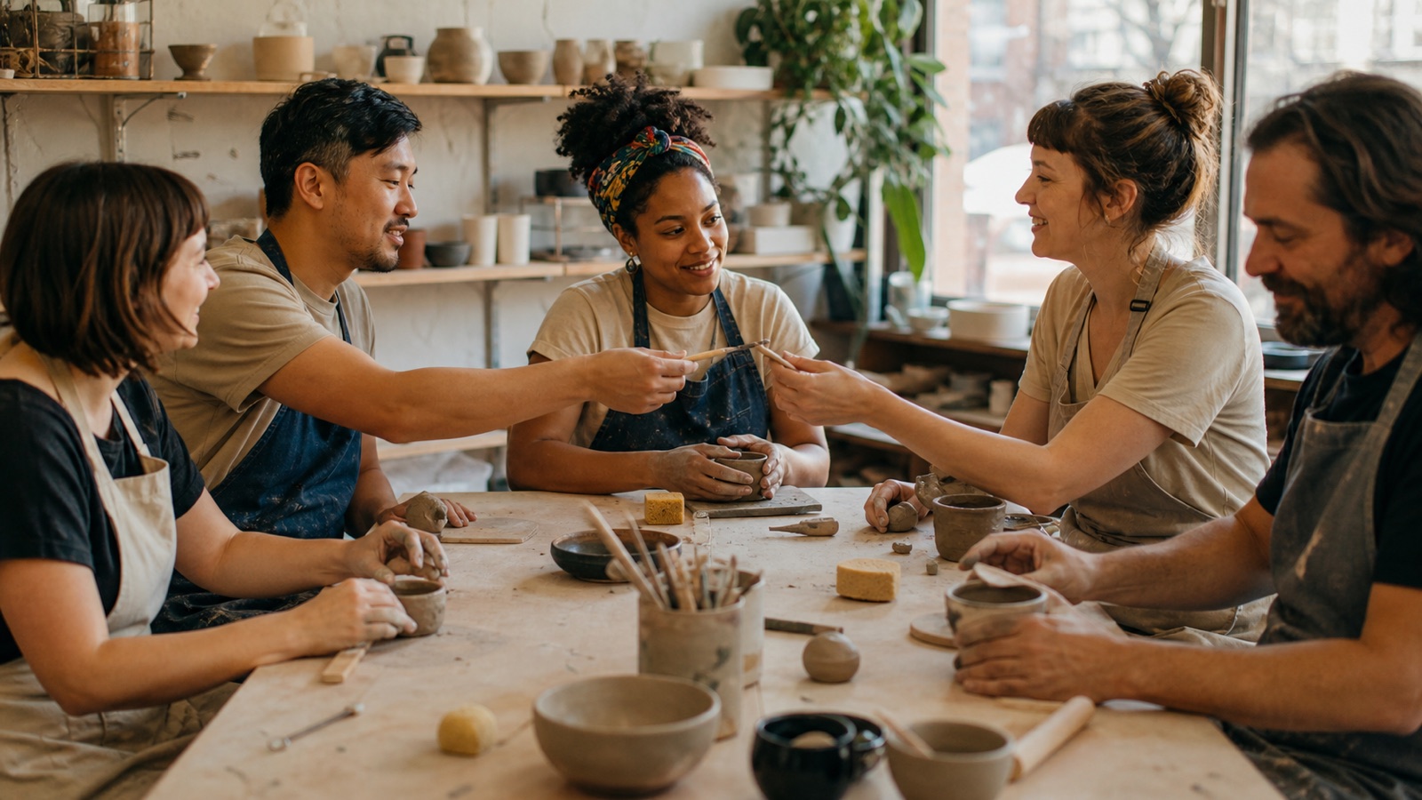 Five adults talking while making pottery at a shared community studio table