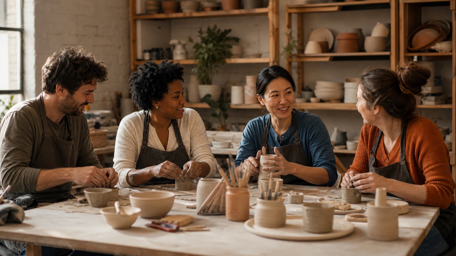 Four adults talking while working with clay in a recurring pottery class