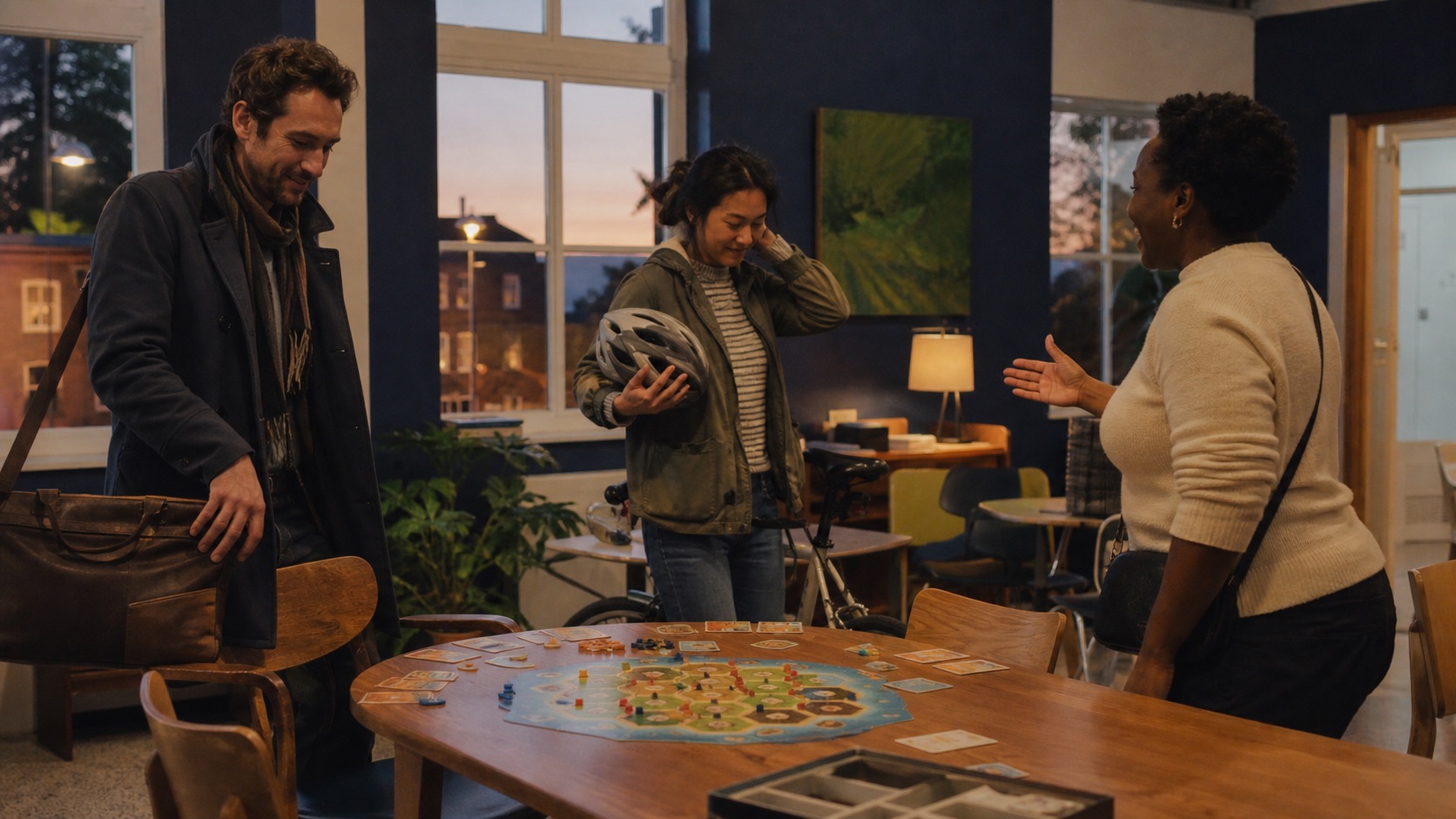 Three people joining a board game around a community table